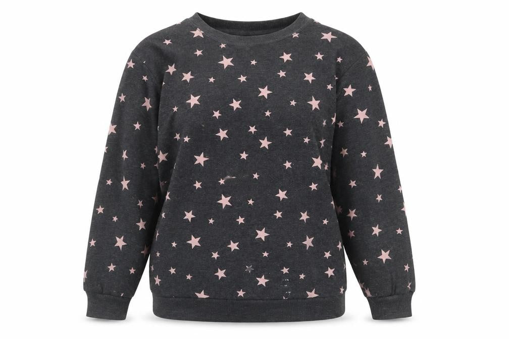 Front view of H&M women’s grey geometric cotton pullover sweatshirt, size S, pullover - star pattern