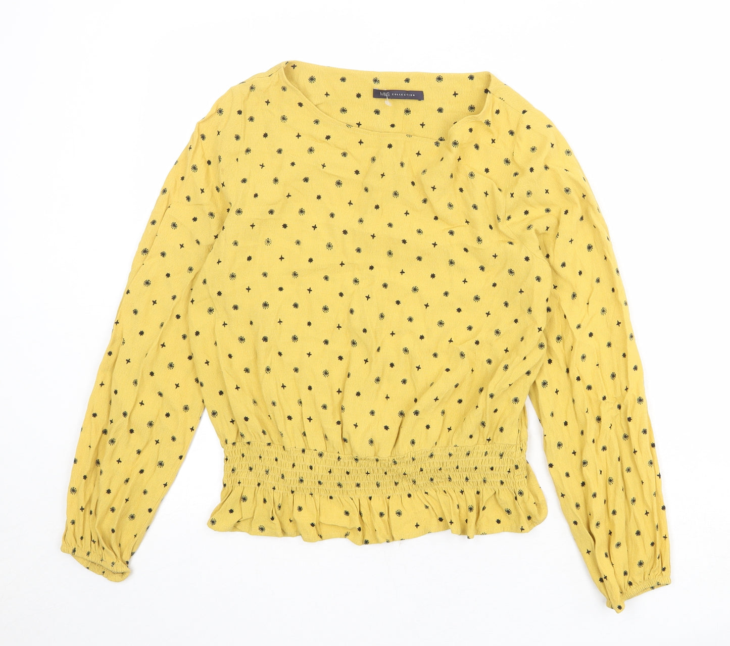 Marks and Spencer Womens Yellow Geometric Viscose Basic Blouse Size 12 Boat Neck