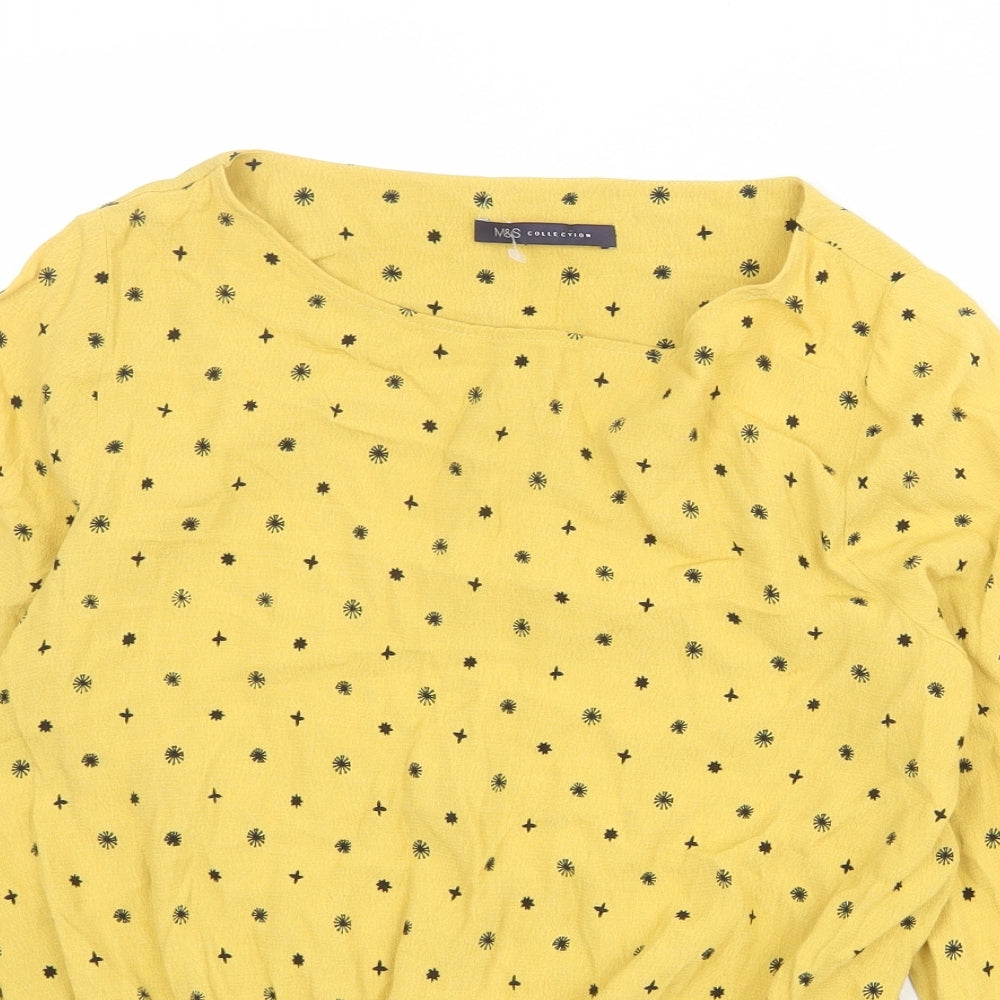 Marks and Spencer Womens Yellow Geometric Viscose Basic Blouse Size 12 Boat Neck