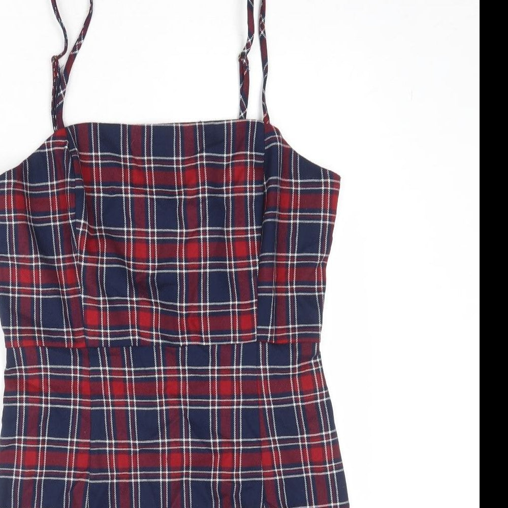 FOREVER 21 Womens Multicoloured Plaid Polyester Slip Dress Size L Square Neck Zip