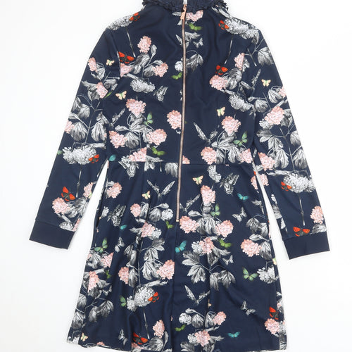 Ted Baker Womens Blue Floral Polyester A-Line Size S Round Neck Zip