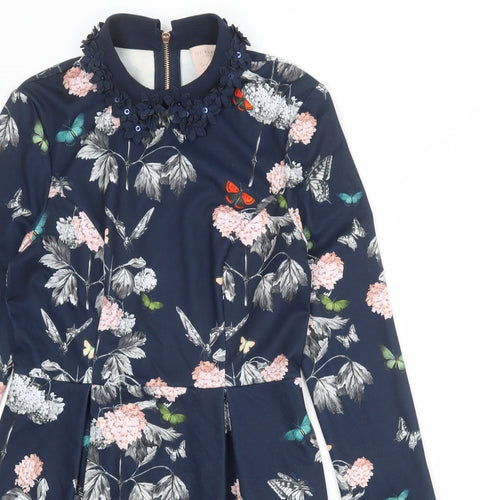 Ted Baker Womens Blue Floral Polyester A-Line Size S Round Neck Zip