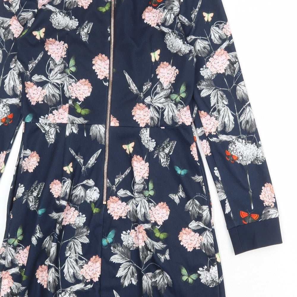 Ted Baker Womens Blue Floral Polyester A-Line Size S Round Neck Zip