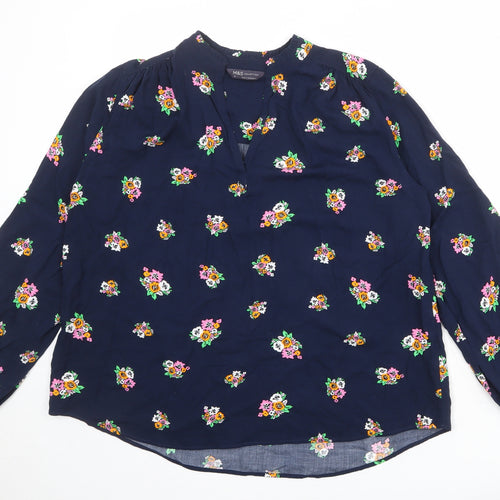 Marks and Spencer Womens Blue Floral Viscose Basic Blouse Size 10 V-Neck