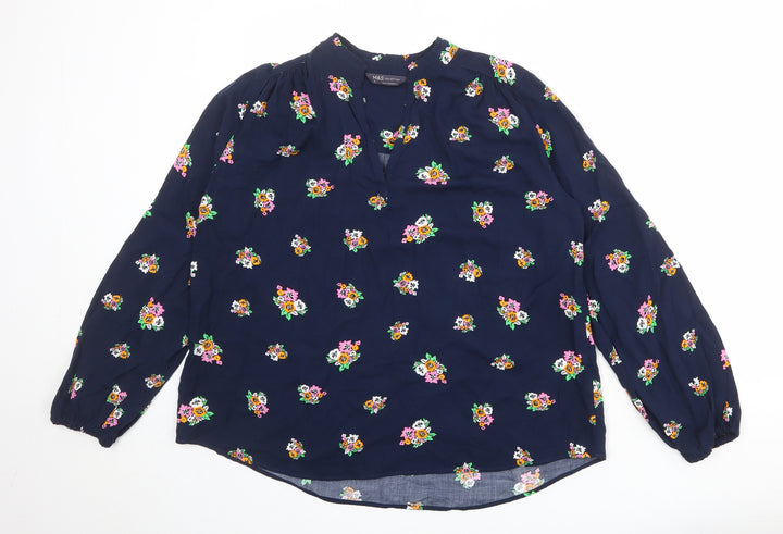 Marks and Spencer Womens Blue Floral Viscose Basic Blouse Size 10 V-Neck