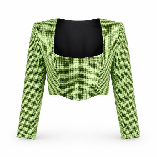 Front view of Zara women’s green geometric polyester cropped tank, size S, square neck