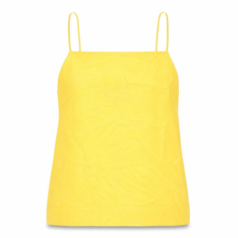 Front view of Topshop women’s yellow polyester basic tank, size UK 6, square neck