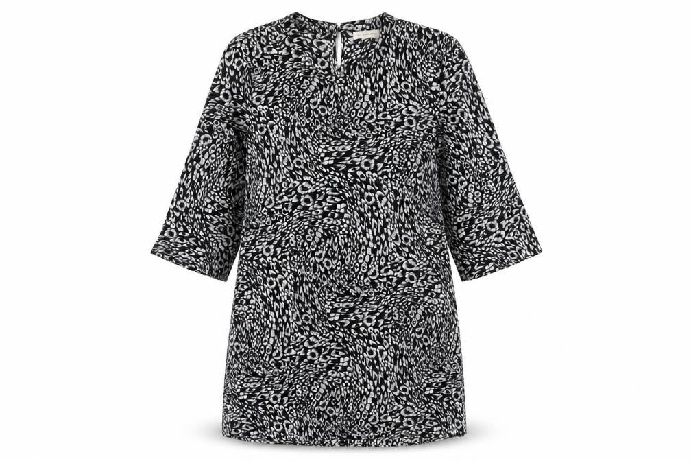 Front view of Moss Copenhagen women’s black animal print polyester a-line, size S, round neck button - leopard pattern