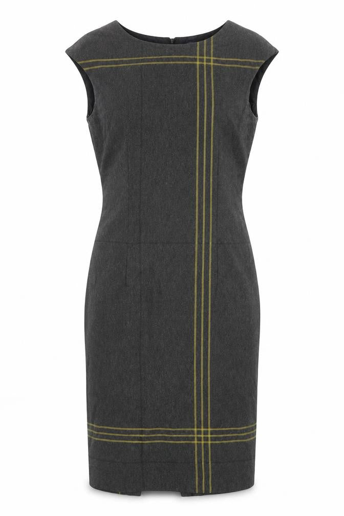 Front view of Marks & Spencer women’s grey striped polyester shift, size UK 8, round neck zip