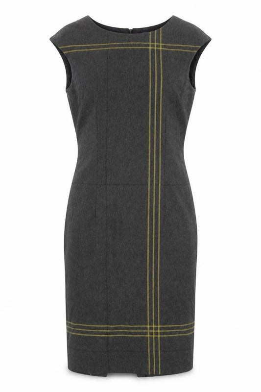 Front view of Marks & Spencer women’s grey striped polyester shift, size UK 8, round neck zip