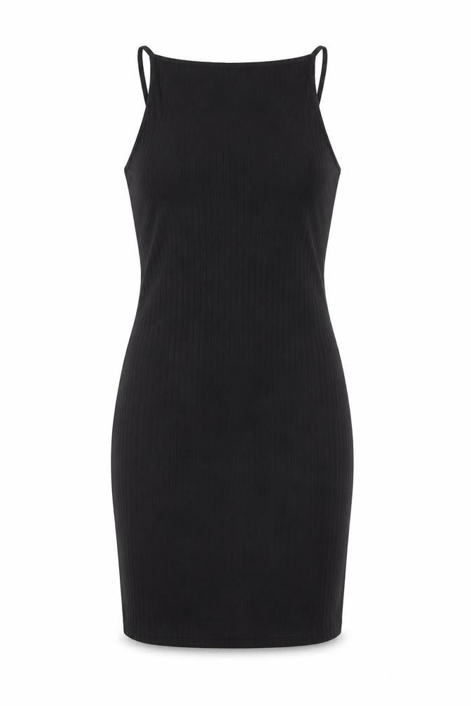 Front view of River Island women’s black polyester bodycon, size UK 6, boat neck lace up