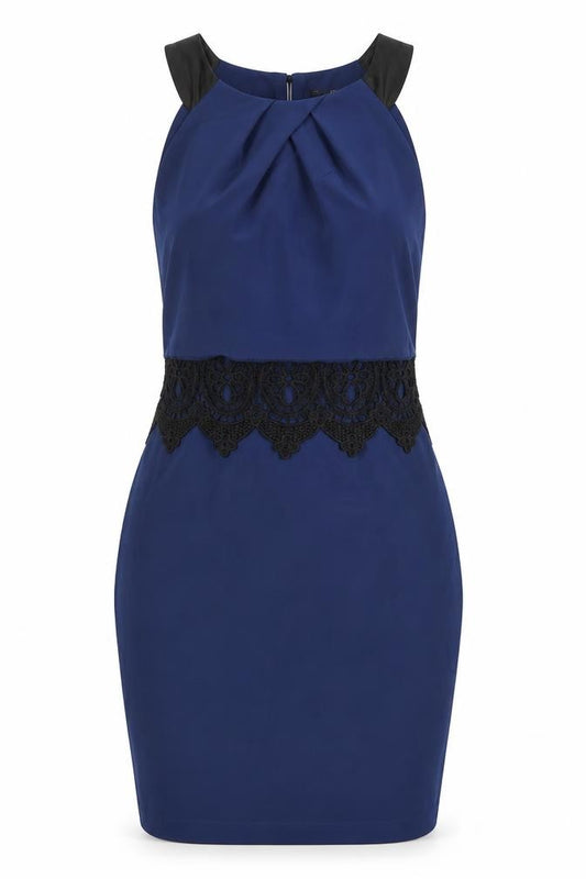 Front view of Lipsy women’s blue colourblock polyester bodycon, size UK 12, round neck zip