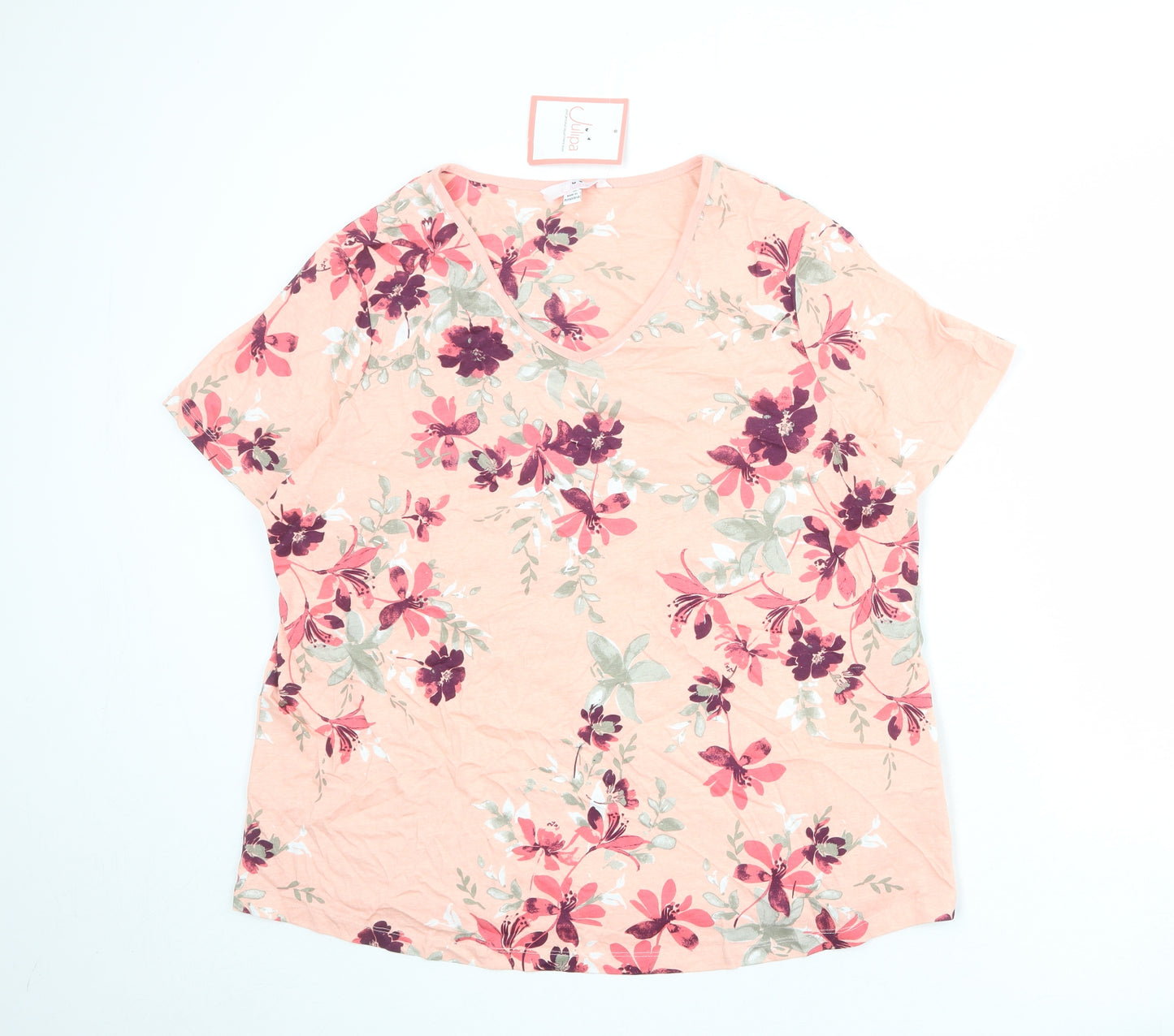 Julipa Womens Pink Floral 100% Cotton Basic T-Shirt Size 22 Scoop Neck