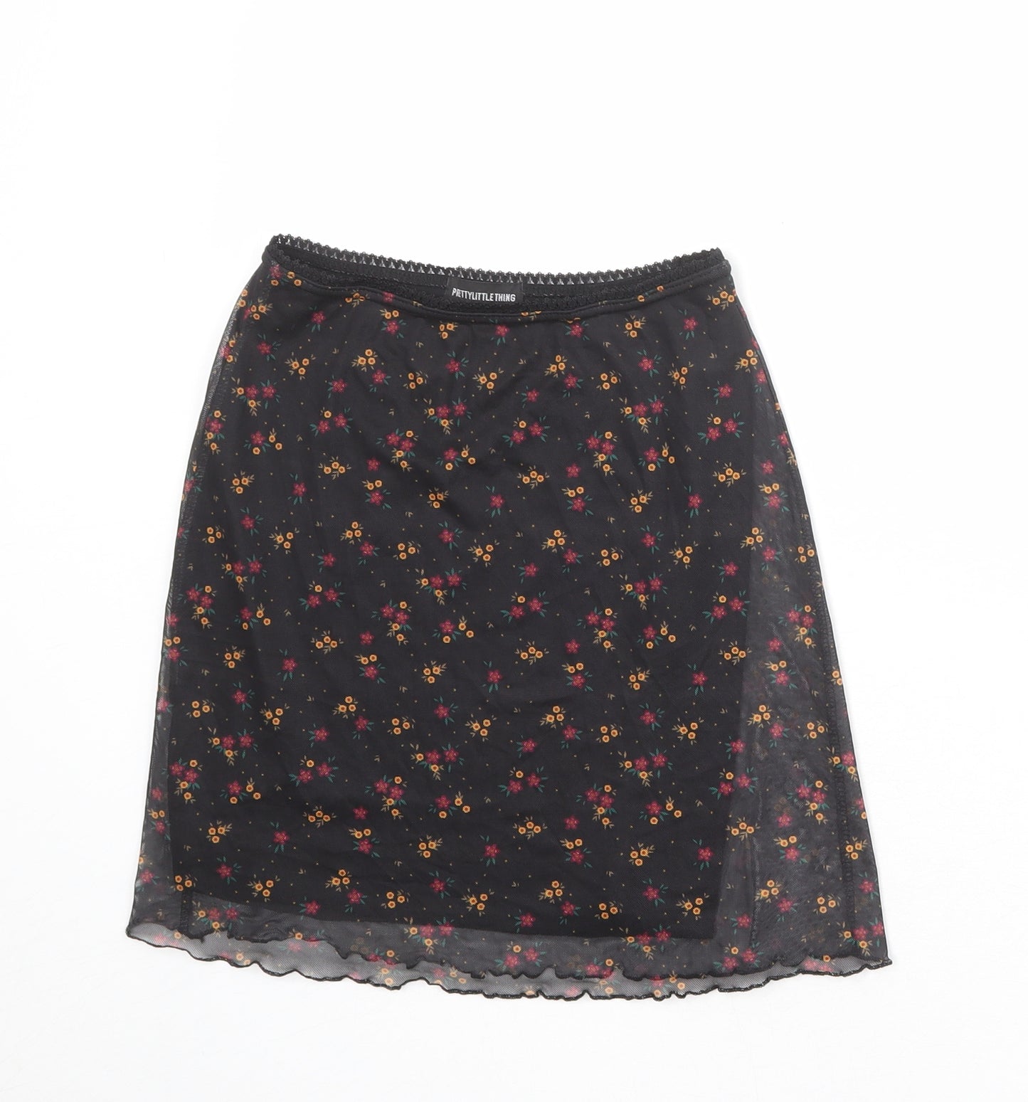 PRETTYLITTLETHING Womens Black Floral Polyester A-Line Skirt Size 8