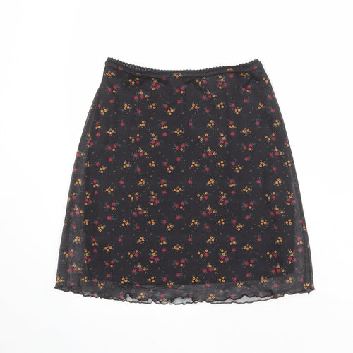 PRETTYLITTLETHING Womens Black Floral Polyester A-Line Skirt Size 8