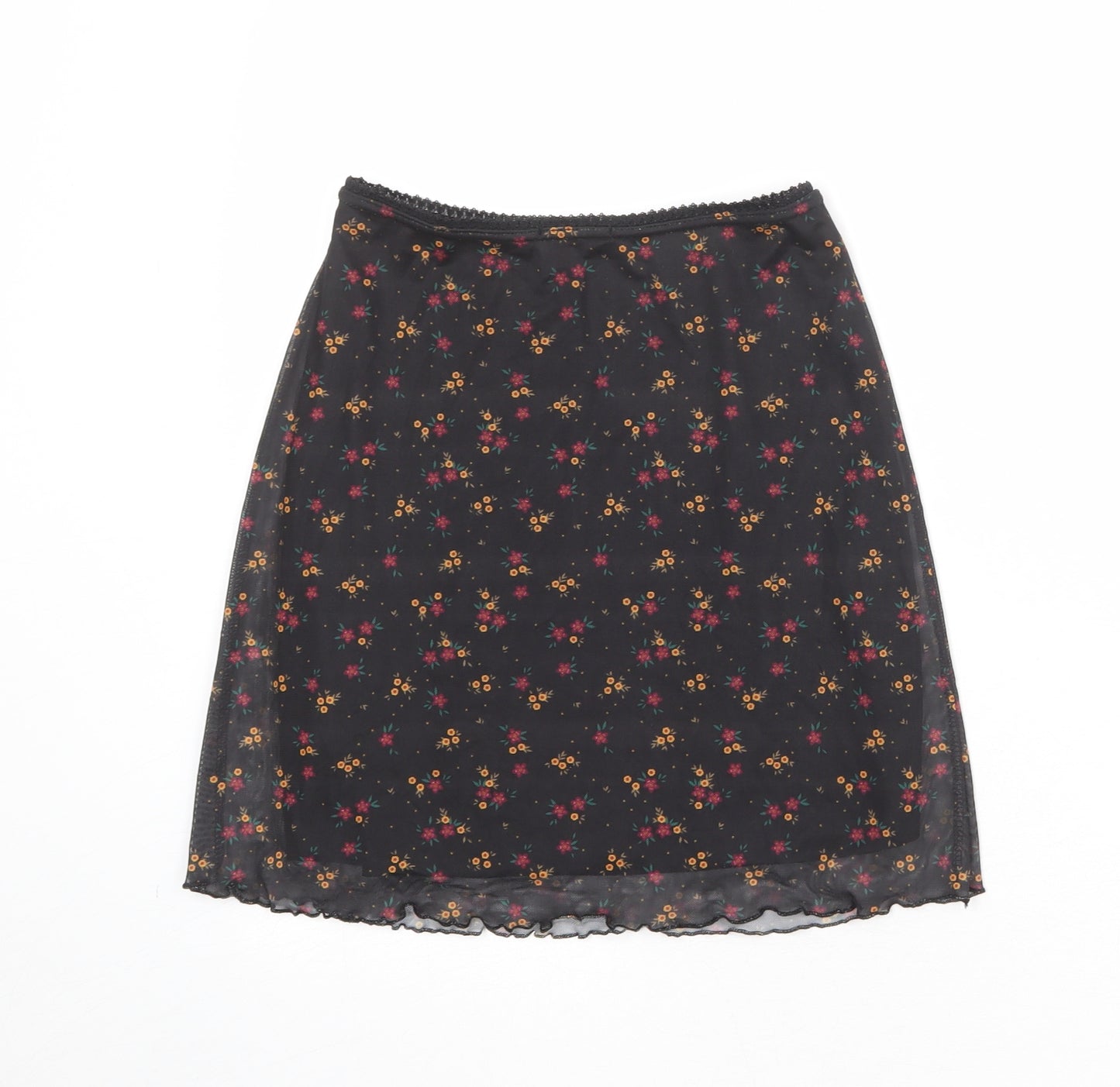 PRETTYLITTLETHING Womens Black Floral Polyester A-Line Skirt Size 8