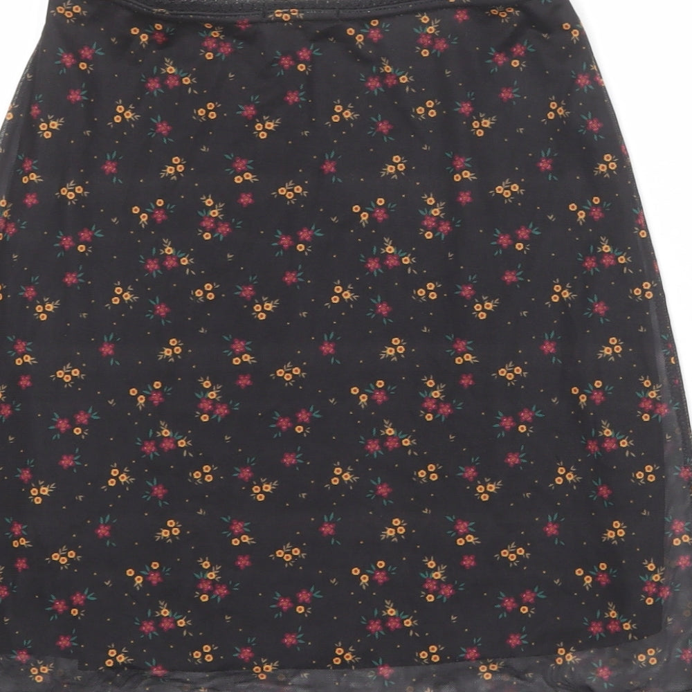PRETTYLITTLETHING Womens Black Floral Polyester A-Line Skirt Size 8