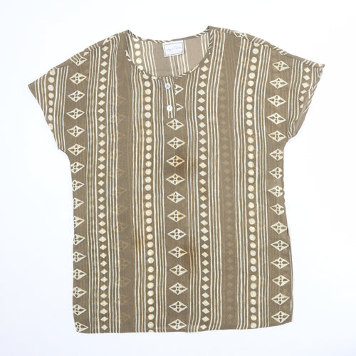 Jayne Elliot Womens Brown Geometric Polyester Basic T-Shirt Size 14 Roll Neck