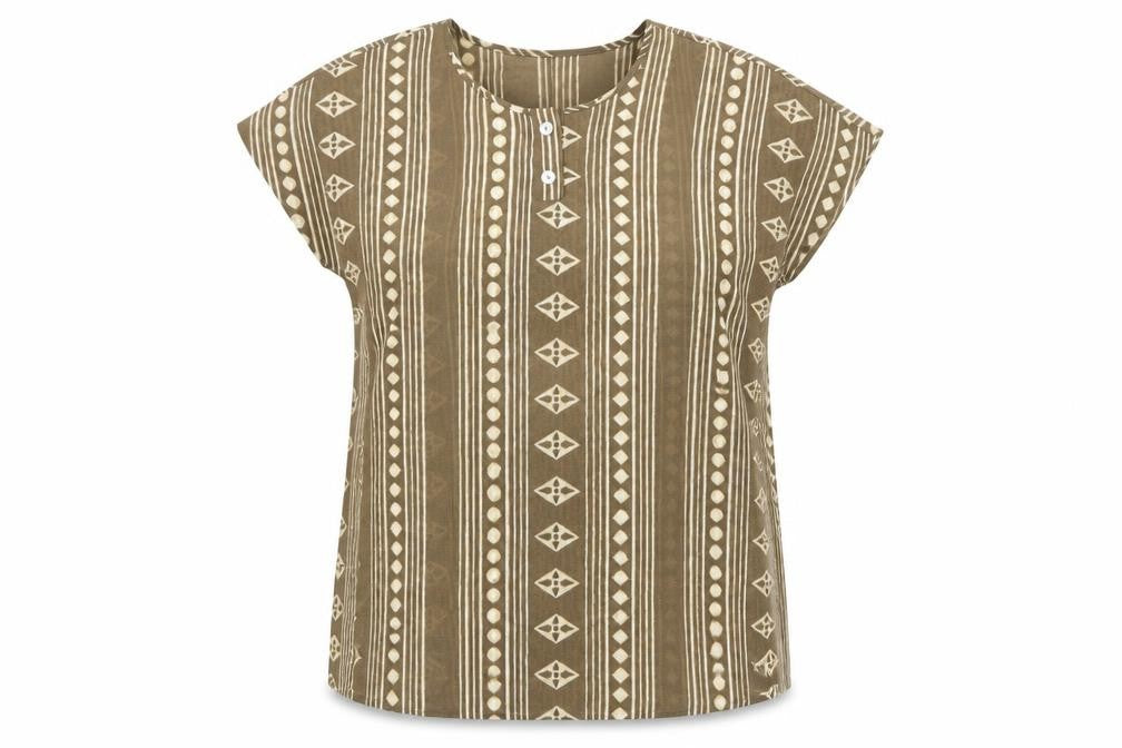 Front view of Jayne Elliot women’s brown geometric polyester basic t-shirt, size UK 14, roll neck