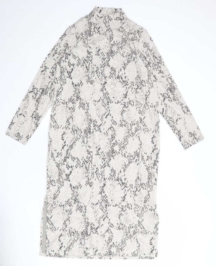 Marks and Spencer Womens Grey Animal Print Viscose Jumper Dress Size 14 Mock Neck Pullover - Snakeskin pattern