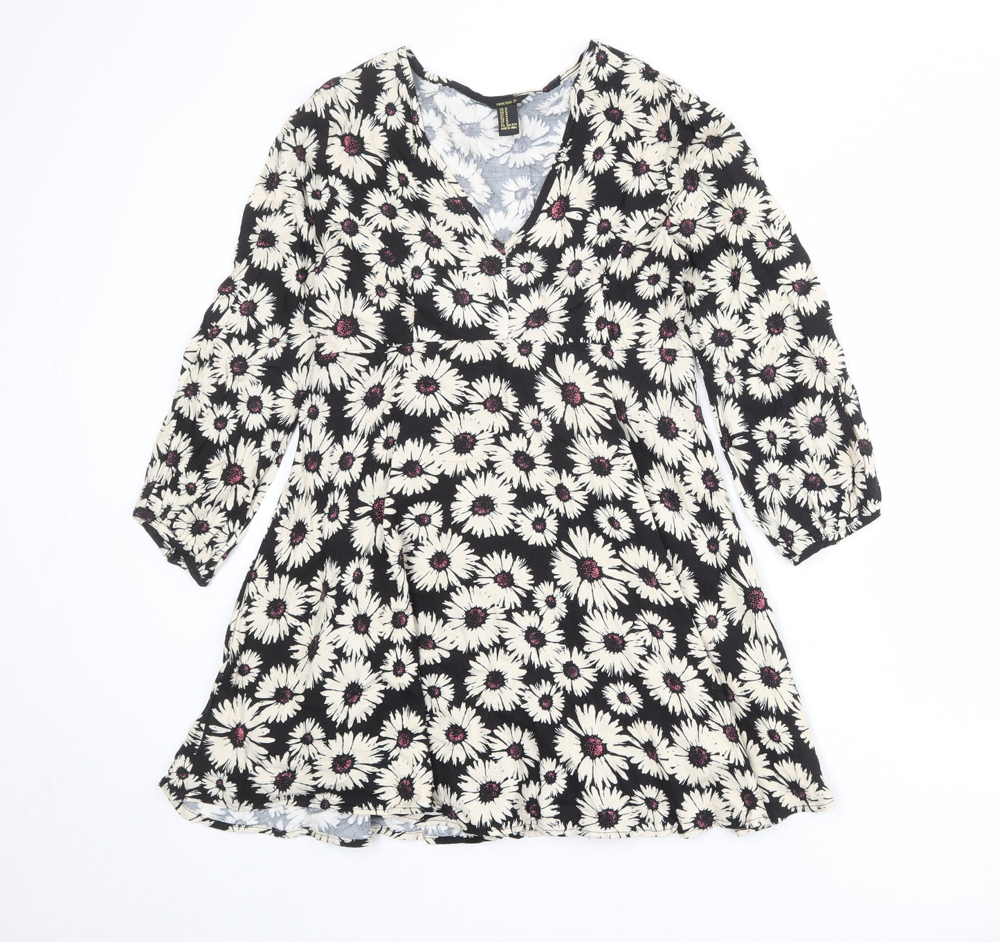 FOREVER 21 Womens Black Floral Viscose Trapeze & Swing Size M V-Neck Zip