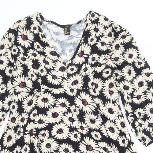 FOREVER 21 Womens Black Floral Viscose Trapeze & Swing Size M V-Neck Zip