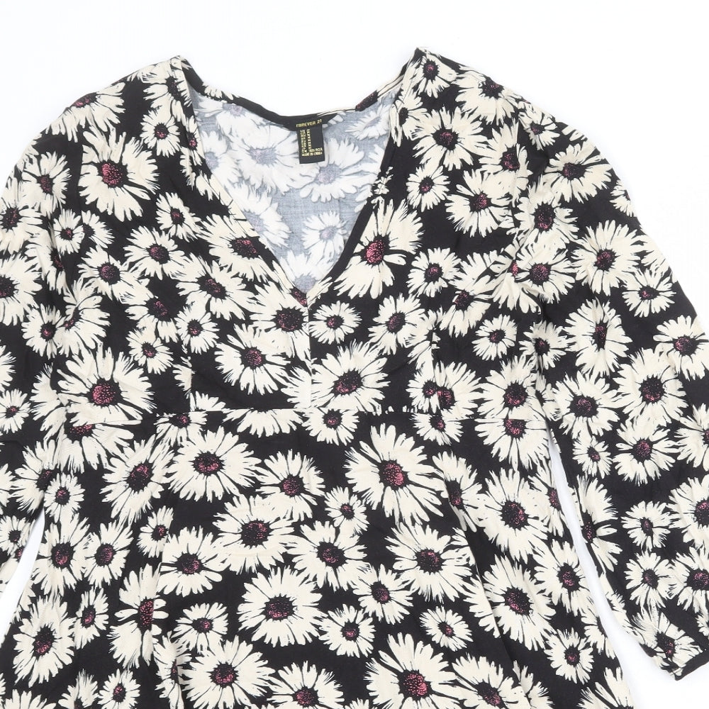 FOREVER 21 Womens Black Floral Viscose Trapeze & Swing Size M V-Neck Zip