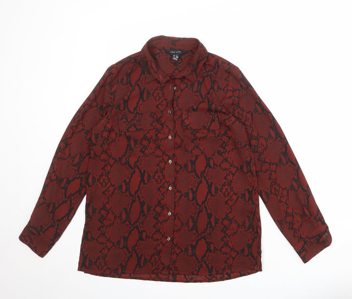 New Look Womens Red Animal Print Polyester Basic Button-Up Size 8 Collared - Snake Print