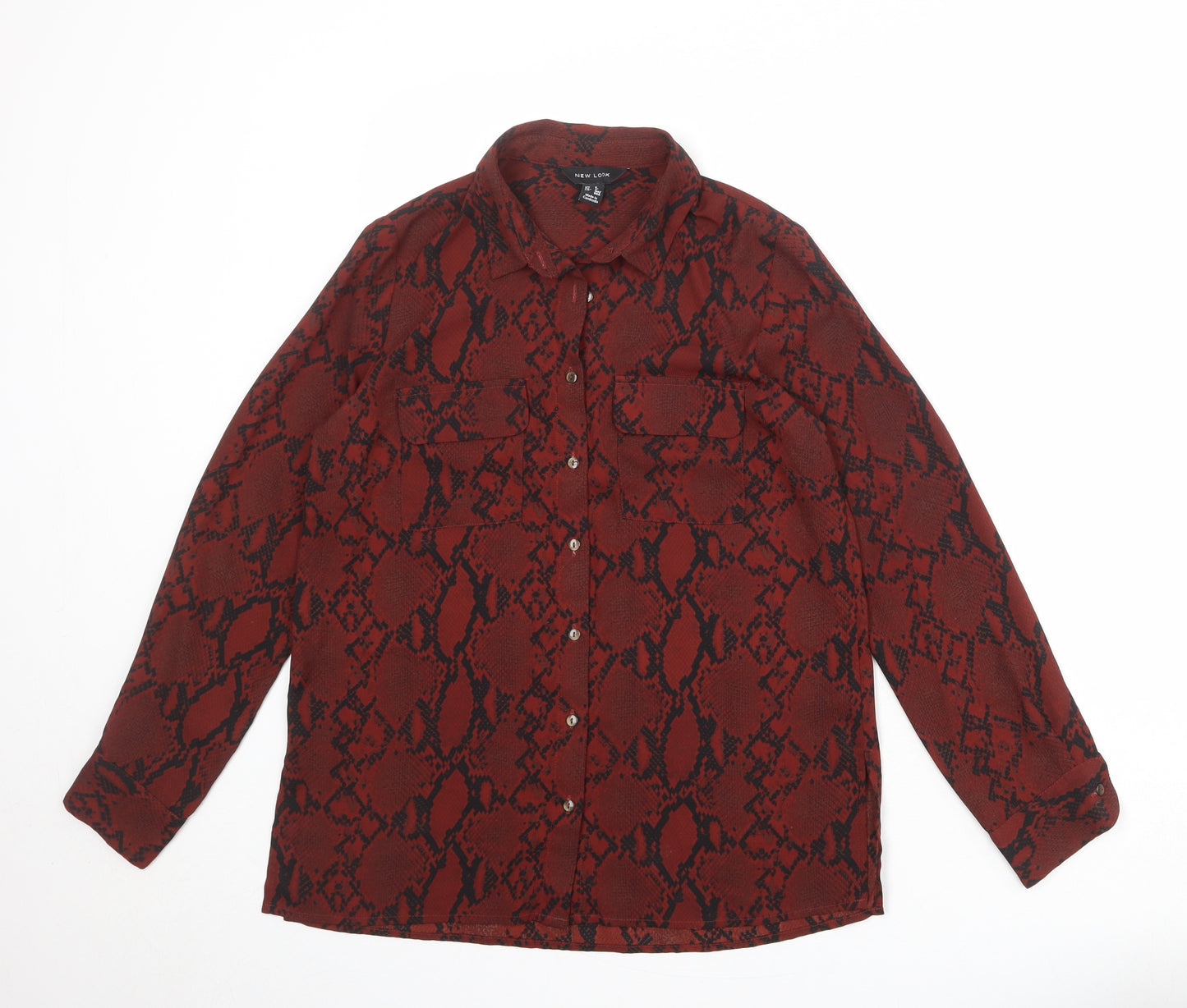 New Look Womens Red Animal Print Polyester Basic Button-Up Size 8 Collared - Snake Print