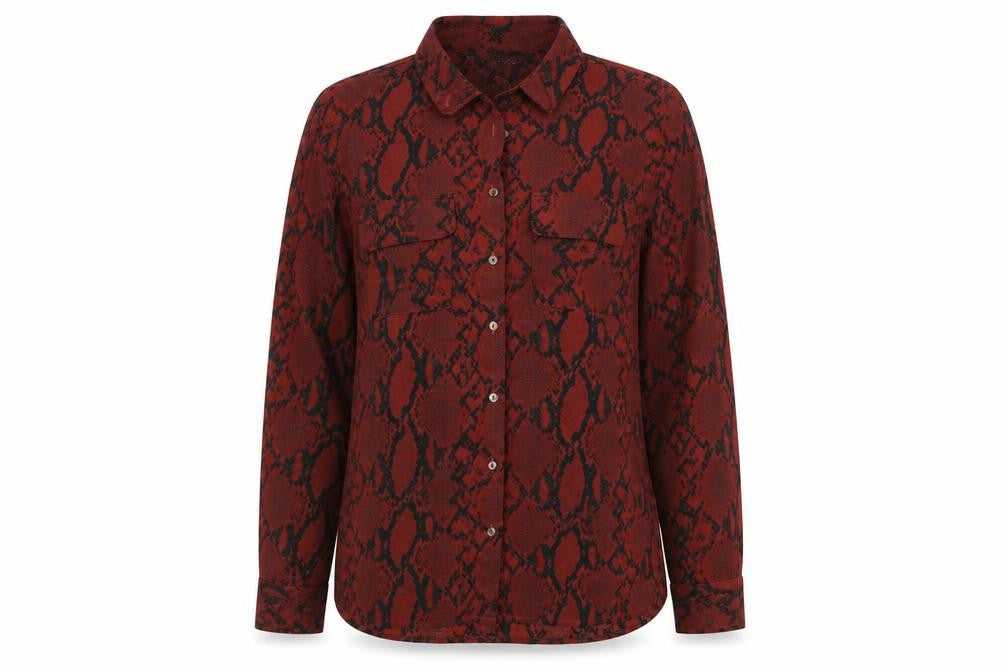 Front view of New Look women’s red animal print polyester basic button-up, size UK 8, collared - snake print