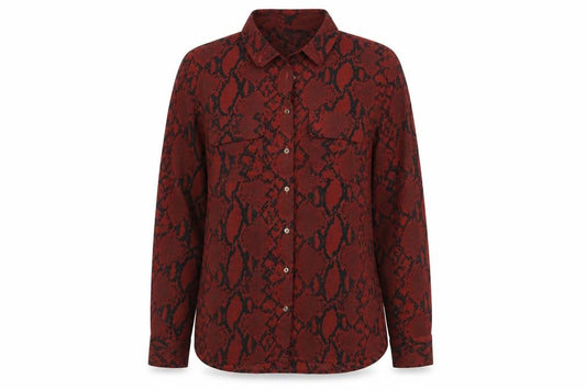 Front view of New Look women’s red animal print polyester basic button-up, size UK 8, collared - snake print