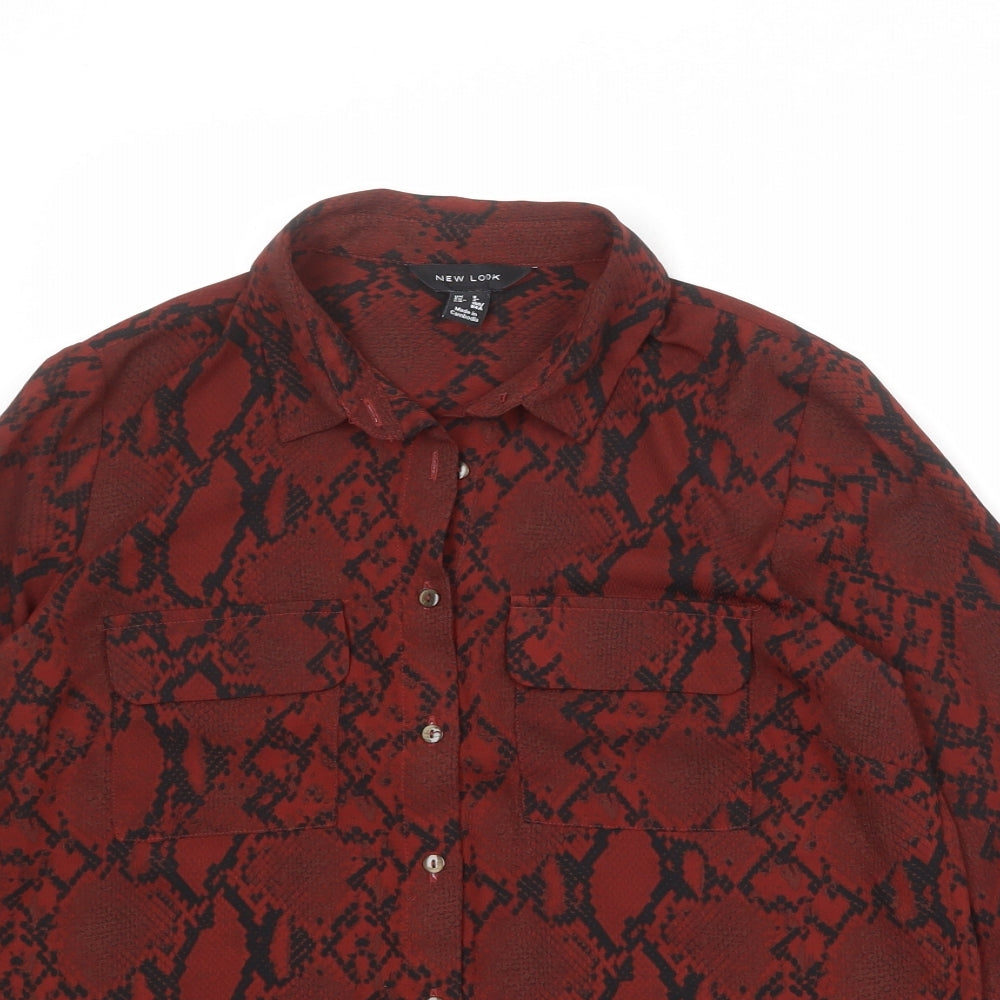 New Look Womens Red Animal Print Polyester Basic Button-Up Size 8 Collared - Snake Print