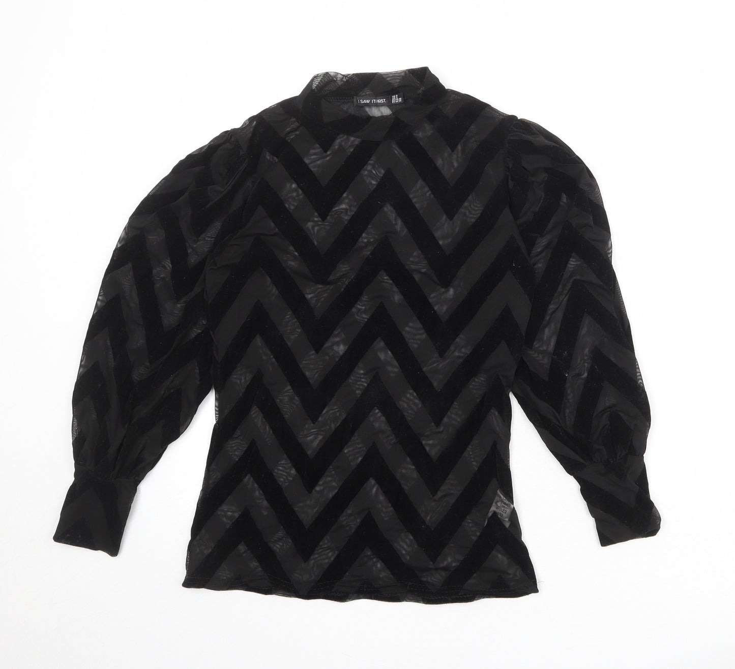 I SAW IT FIRST Womens Black Geometric Polyester Basic Blouse Size 8 Mock Neck