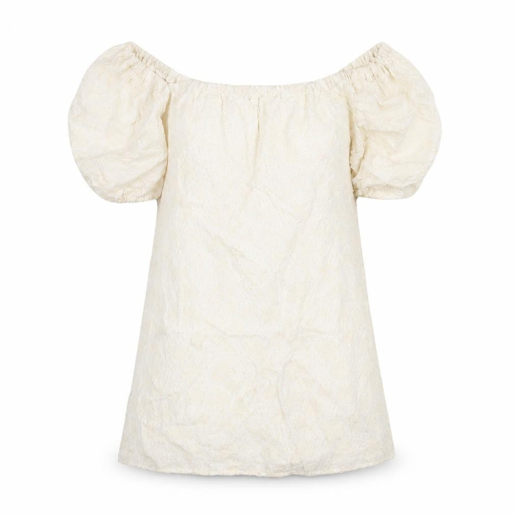Front view of Zara women’s ivory geometric cotton mini, size XL, off the shoulder pullover