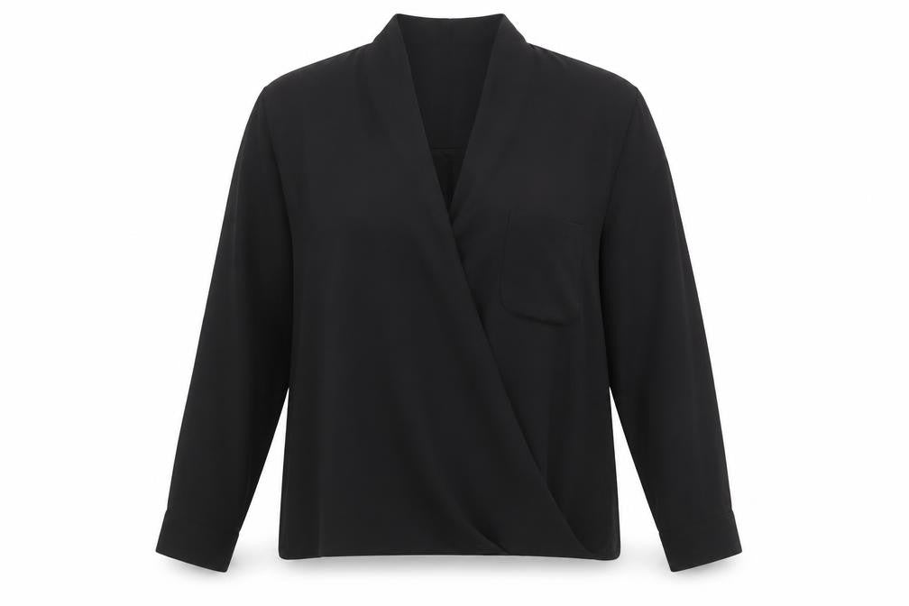 Front view of Topshop women’s black polyester basic blouse, size UK 10, v-neck
