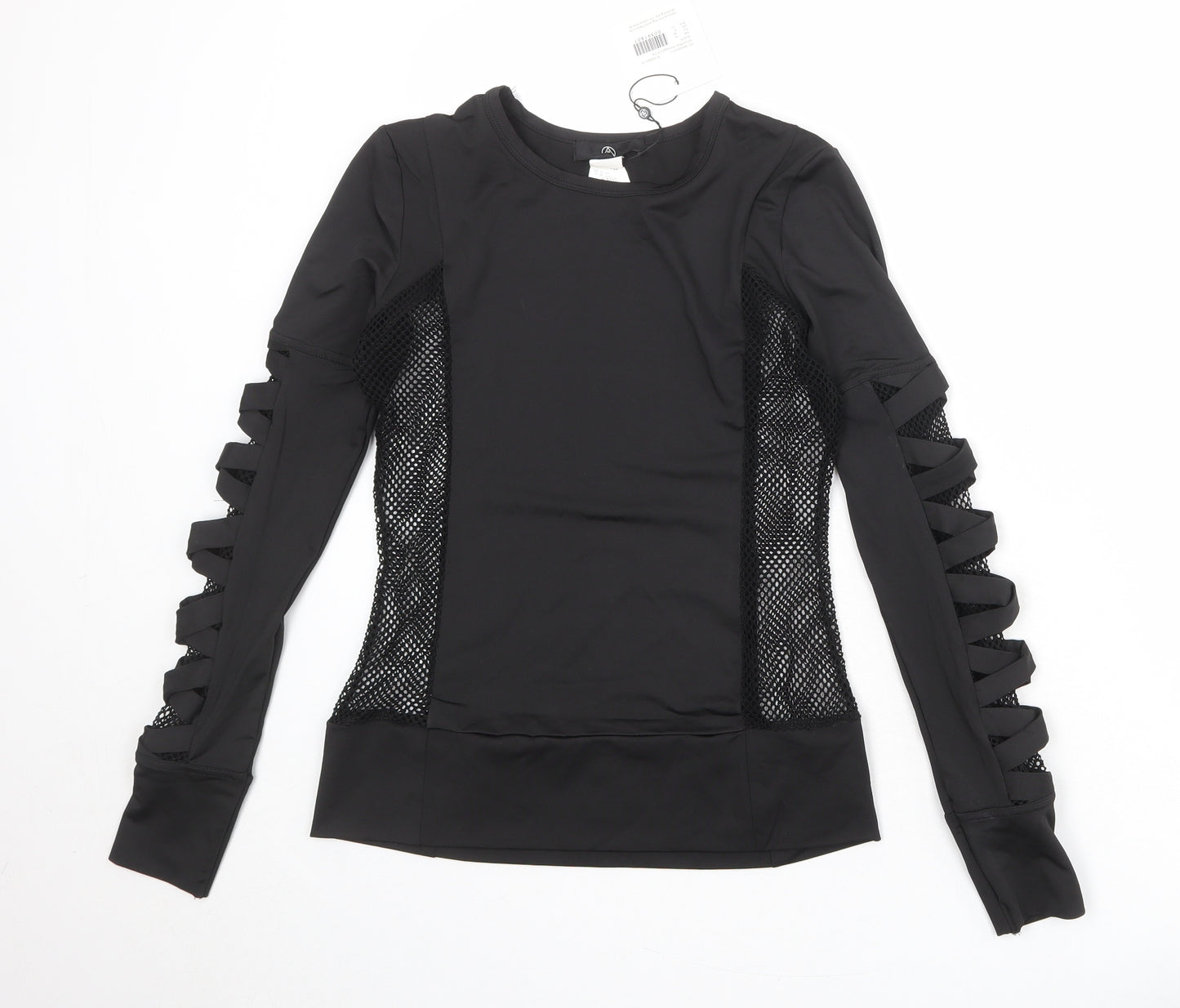 Missguided Womens Black Nylon Basic T-Shirt Size 10 Boat Neck - Fishnet Details Cut Out Sleeves