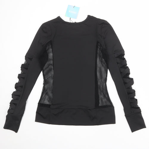 Missguided Womens Black Nylon Basic T-Shirt Size 10 Boat Neck - Fishnet Details Cut Out Sleeves