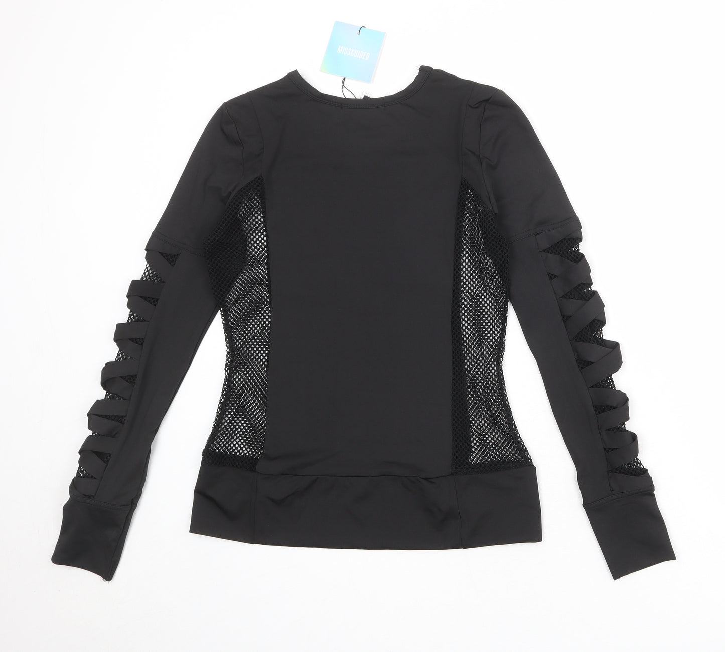 Missguided Womens Black Nylon Basic T-Shirt Size 10 Boat Neck - Fishnet Details Cut Out Sleeves