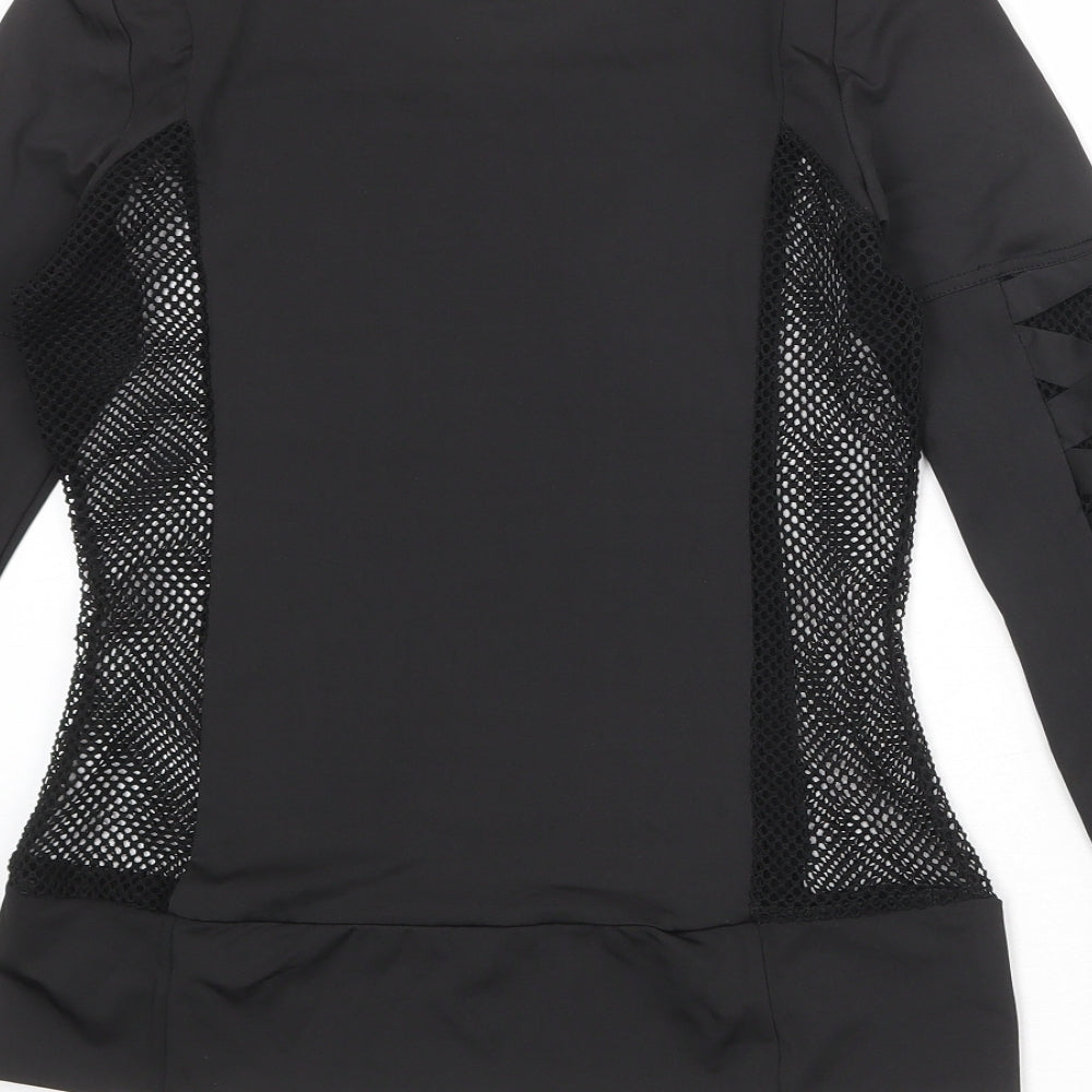 Missguided Womens Black Nylon Basic T-Shirt Size 10 Boat Neck - Fishnet Details Cut Out Sleeves