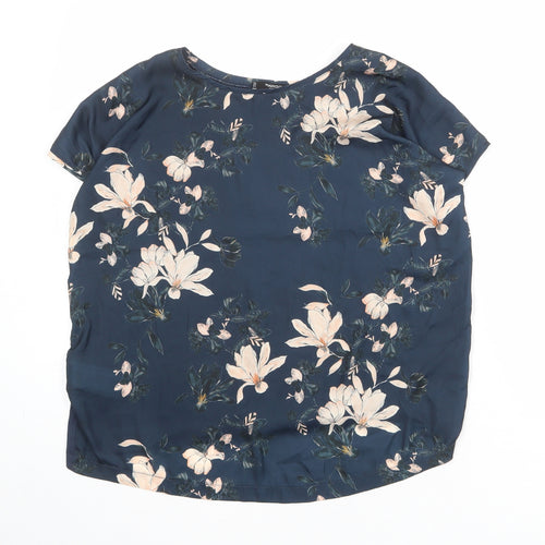 Mango Womens Blue Floral Viscose Basic T-Shirt Size S Round Neck