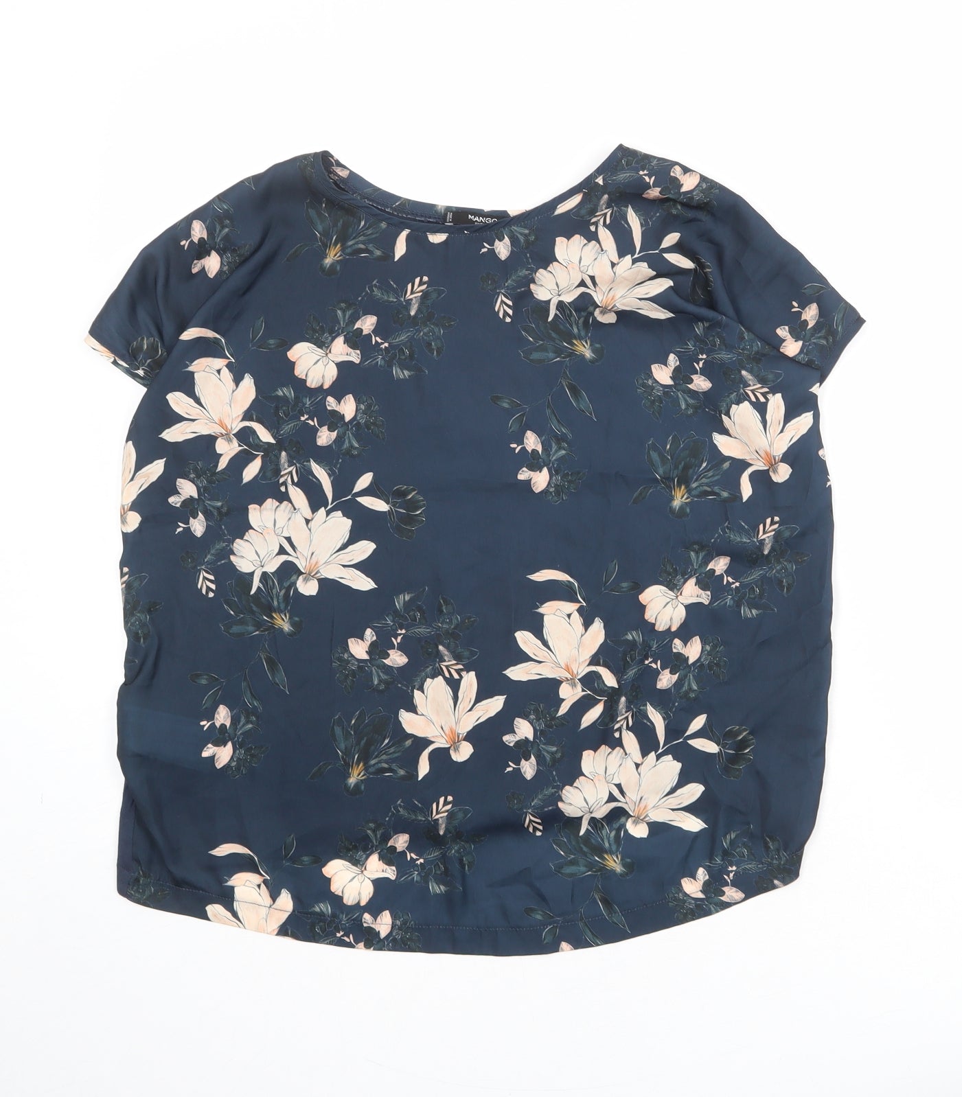 Mango Womens Blue Floral Viscose Basic T-Shirt Size S Round Neck