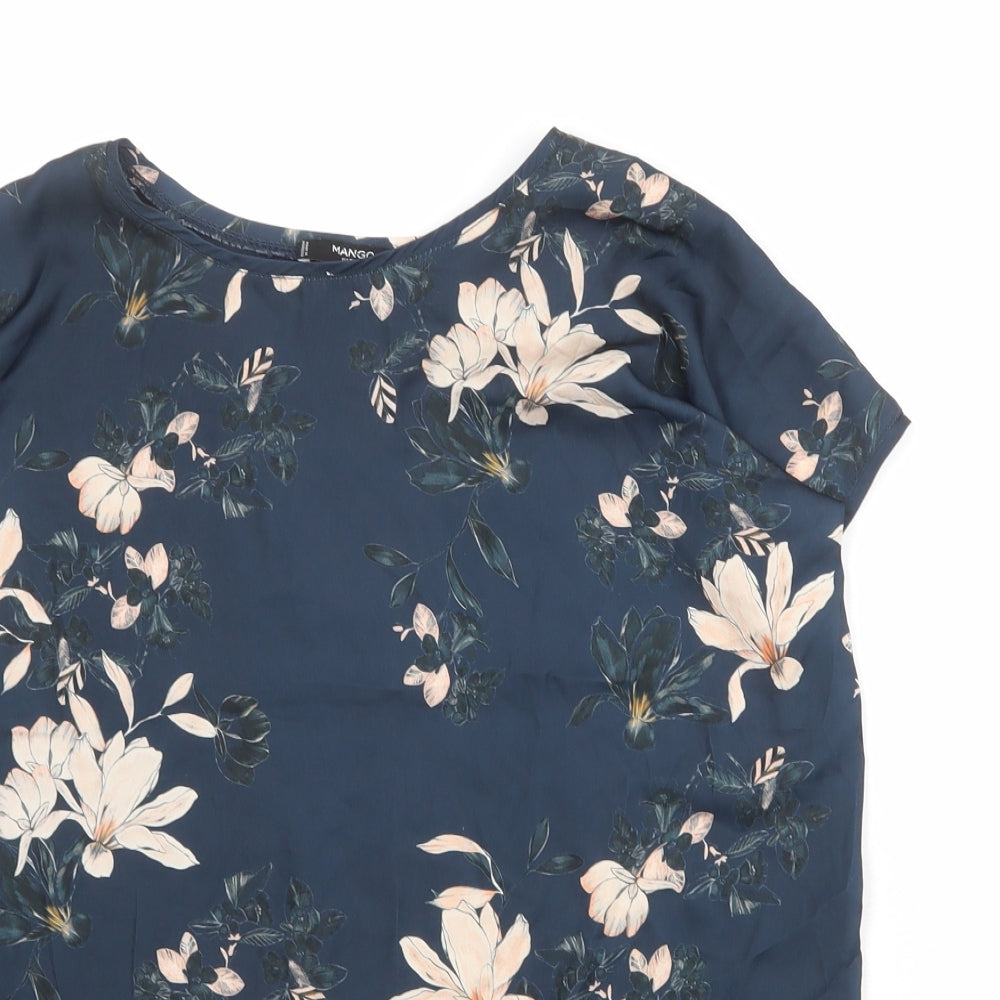 Mango Womens Blue Floral Viscose Basic T-Shirt Size S Round Neck