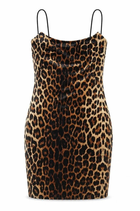 Front view of Nasty Gal women’s brown animal print polyester bodycon, size UK 6, round neck pullover - leopard pattern