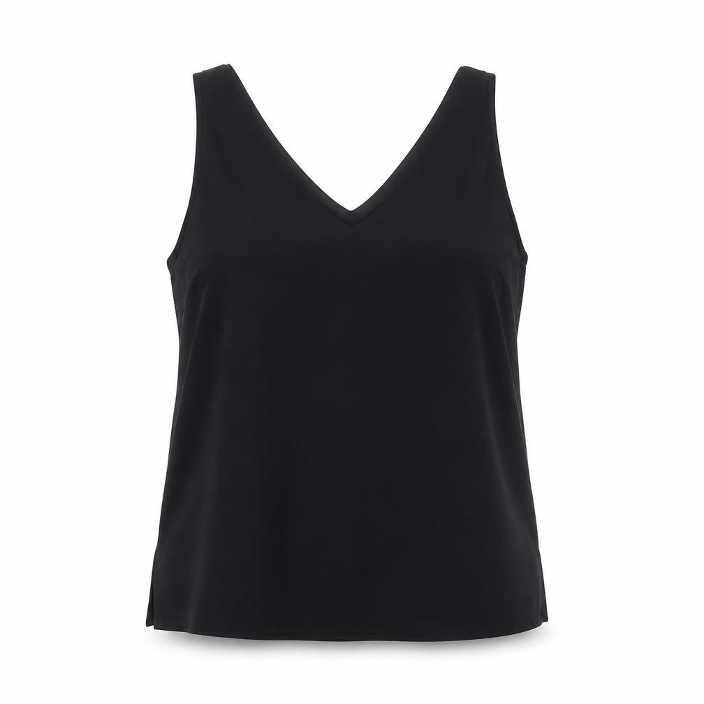 Front view of Phase Eight women’s black polyester basic tank, size UK 14, v-neck