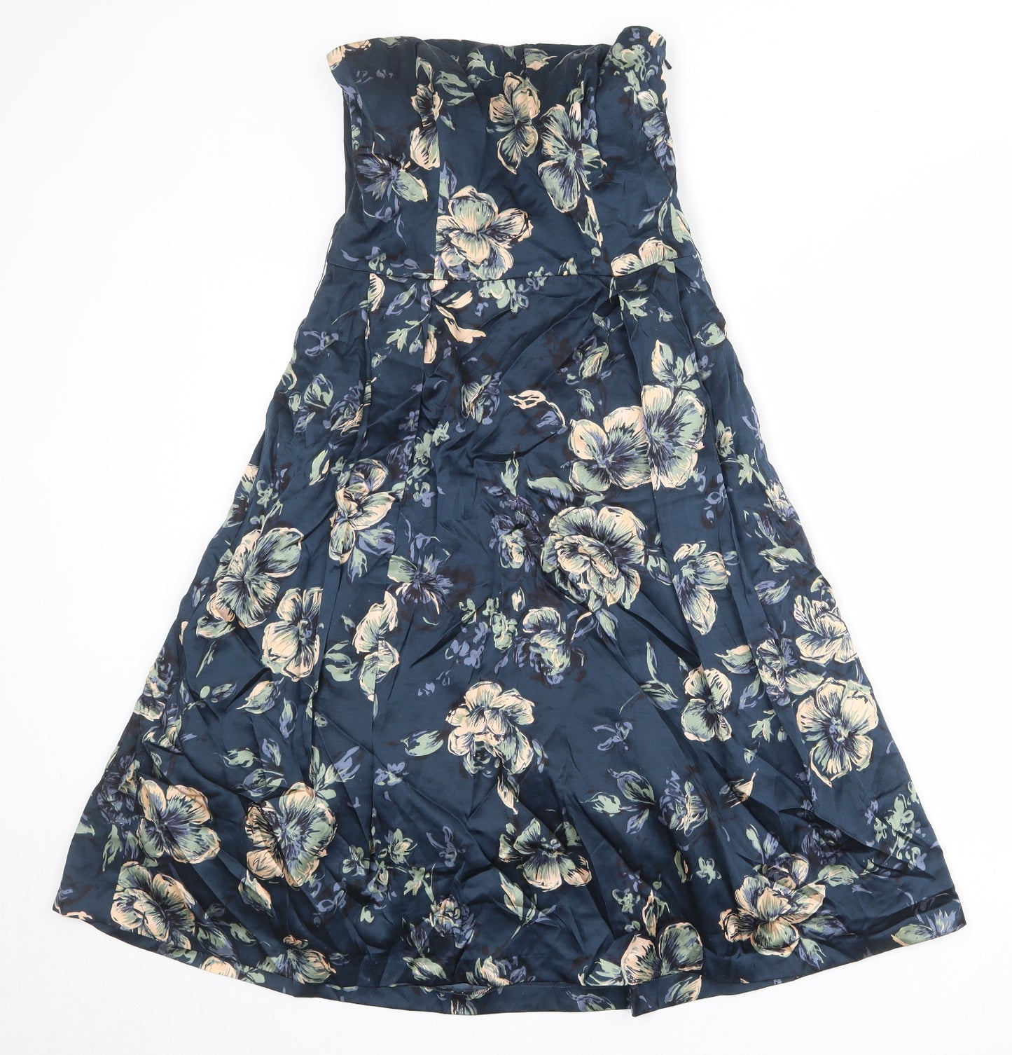 Monsoon Womens Blue Floral Silk Bodycon Size 10 Off the Shoulder Zip