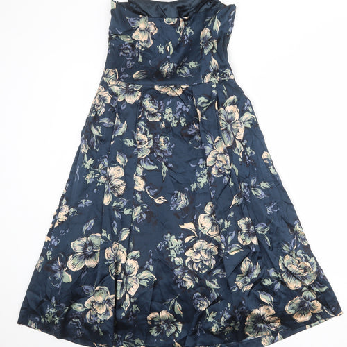 Monsoon Womens Blue Floral Silk Bodycon Size 10 Off the Shoulder Zip