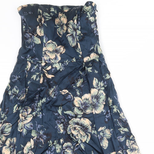 Monsoon Womens Blue Floral Silk Bodycon Size 10 Off the Shoulder Zip