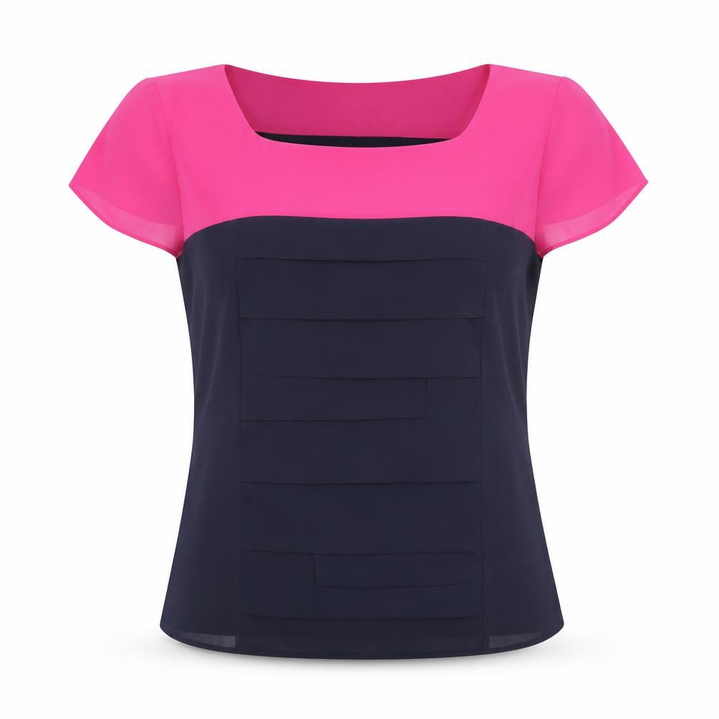 Front view of Per Una women’s blue colourblock polyester basic blouse, size UK 10, boat neck