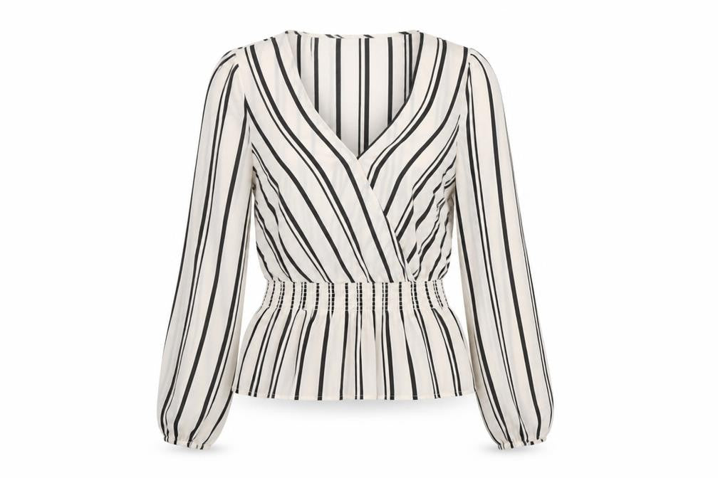 Front view of Oasis women’s ivory striped polyester basic blouse, size UK 8, v-neck - peplum