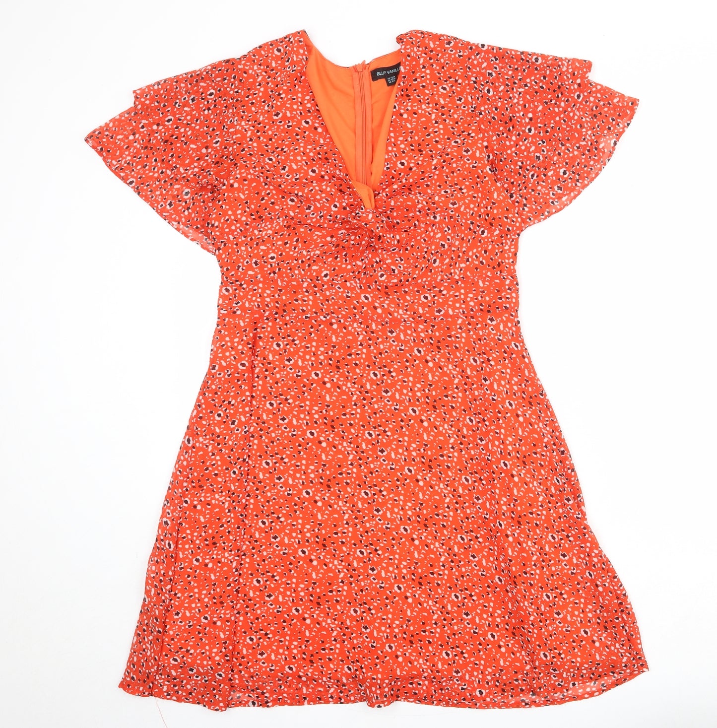 Blue Vanilla Womens Orange Geometric Polyester A-Line Size 12 V-Neck Zip